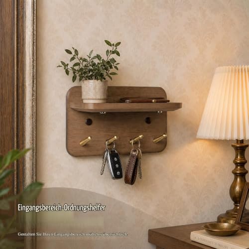 Schlüsselbrett mit Ablage – 4 Messinghaken, Massivholz, Magnetisch, 3 Montage: Kleben, Dübel oder unsichtbare Nägel, für Flur, Wohnzimmer, Schlafzimmer, Büro, Nussbaum