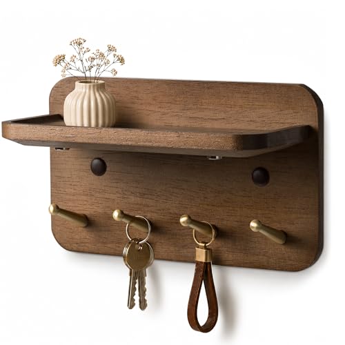 Schlüsselbrett mit Ablage – 4 Messinghaken, Massivholz, Magnetisch, 3 Montage: Kleben, Dübel oder unsichtbare Nägel, für Flur, Wohnzimmer, Schlafzimmer, Büro, Nussbaum