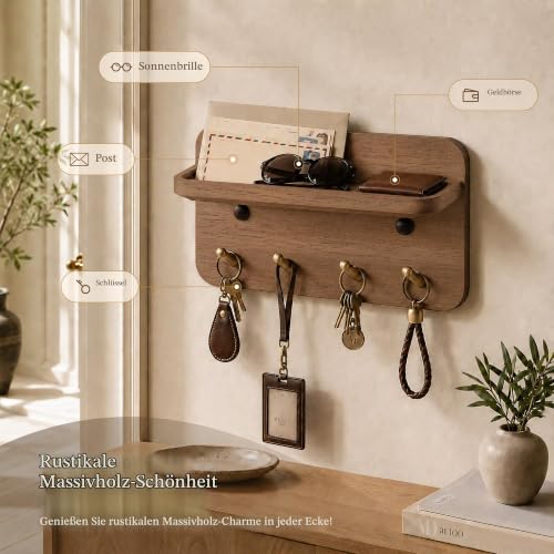 Schlüsselbrett mit Ablage – 4 Messinghaken, Massivholz, Magnetisch, 3 Montage: Kleben, Dübel oder unsichtbare Nägel, für Flur, Wohnzimmer, Schlafzimmer, Büro, Nussbaum