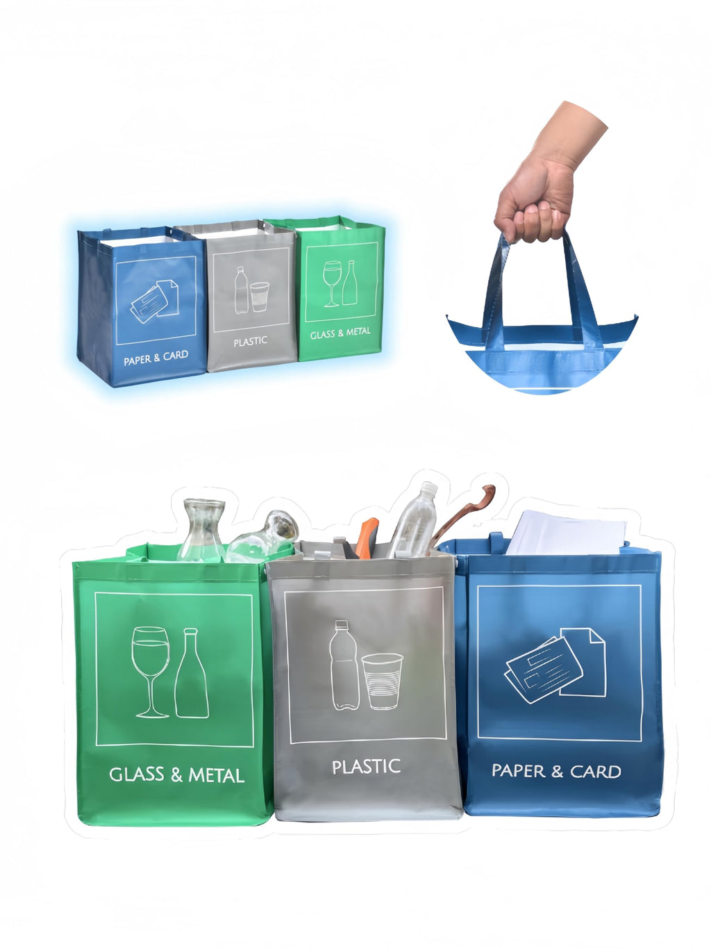 YOUNG DA Mülltrennungsset 3-teilig | wiederverwendbare Müllbeutel für Recycling | Abfalltrenner für Haushalt, Küche, Garten | wasserdicht & stabil | inkl. Tragegriffen