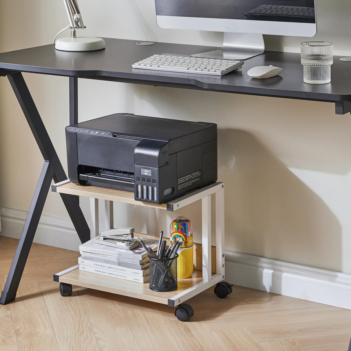 IBUYKE Unterschrank Druckerhalterung, 2-Ebenen Druckerwagen für Drucker, Mobil, Heim Desktop Organizer Regal mit 4 Rädern, für Drucker, Fax, Home Office, Hellholz TLJ007R