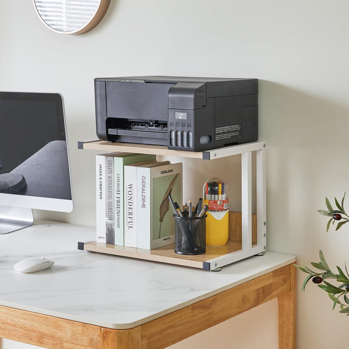 IBUYKE Unterschrank Druckerhalterung, 2-Ebenen Druckerwagen für Drucker, Mobil, Heim Desktop Organizer Regal mit 4 Rädern, für Drucker, Fax, Home Office, Hellholz TLJ007R