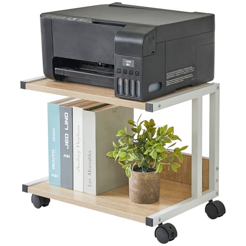 IBUYKE Unterschrank Druckerhalterung, 2-Ebenen Druckerwagen für Drucker, Mobil, Heim Desktop Organizer Regal mit 4 Rädern, für Drucker, Fax, Home Office, Hellholz TLJ007R