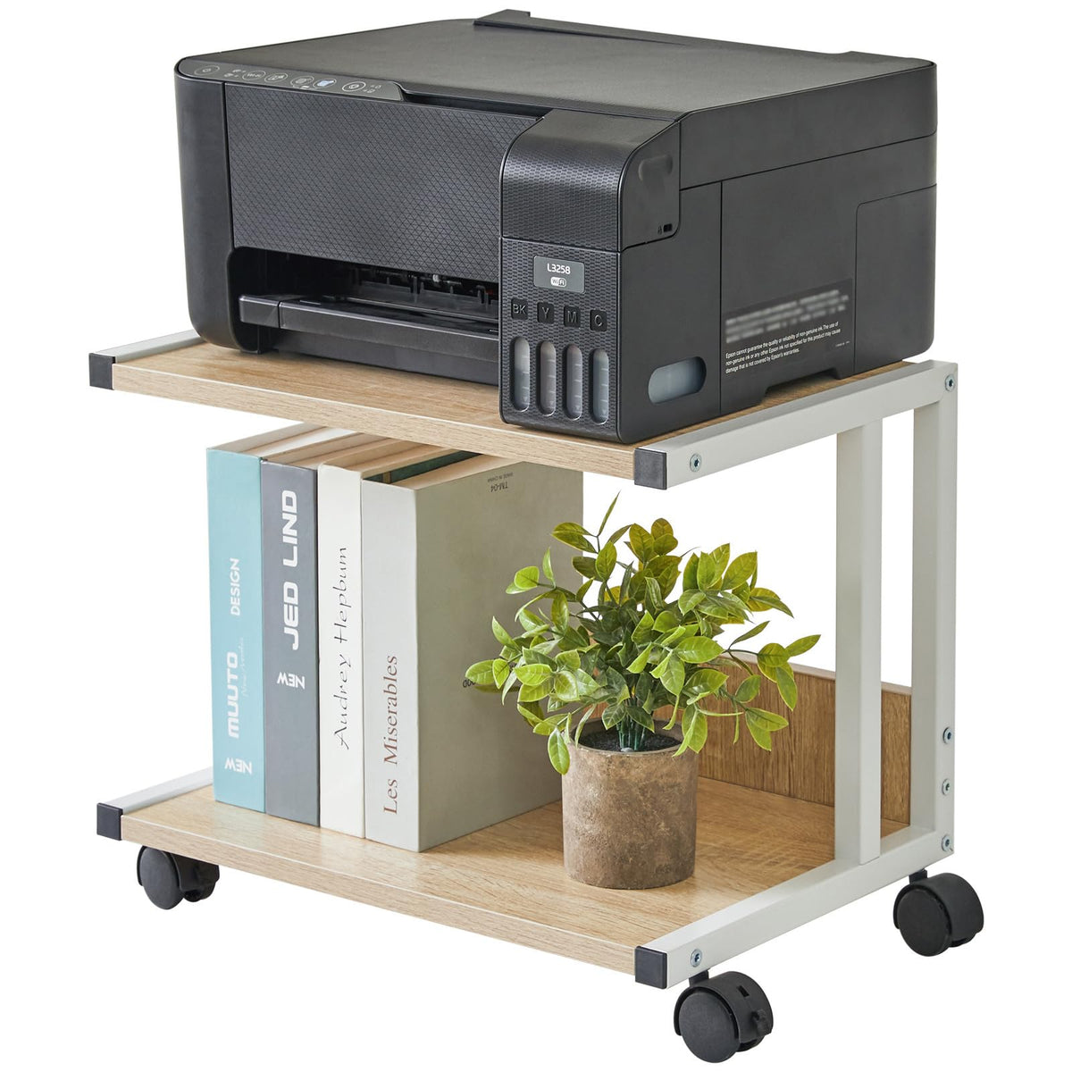 IBUYKE Unterschrank Druckerhalterung, 2-Ebenen Druckerwagen für Drucker, Mobil, Heim Desktop Organizer Regal mit 4 Rädern, für Drucker, Fax, Home Office, Hellholz TLJ007R