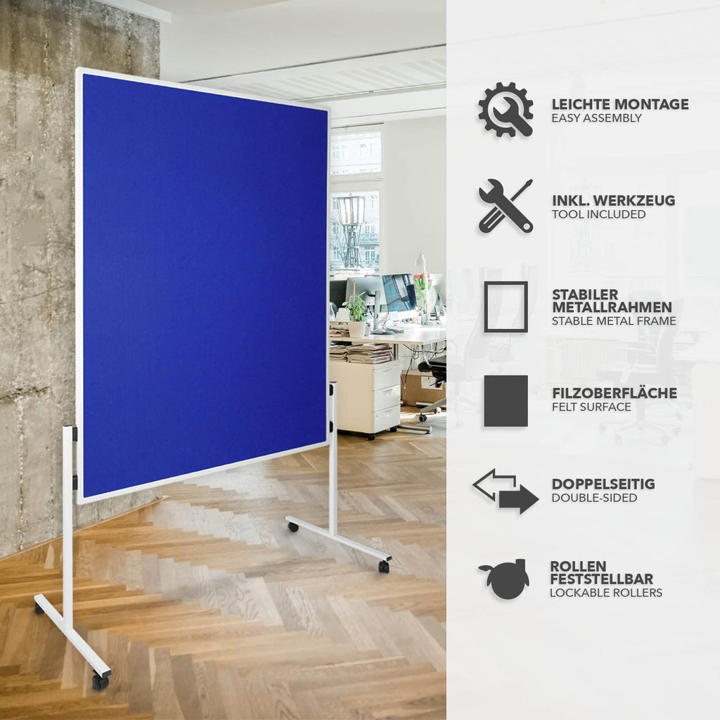 Floordirekt Filz Moderationstafel Metaplanwand mit feststellbaren Rollen | Filztafel Pinnwand | Moderationswand Doppelseitig nutzbar - Stabiler Metallrahmen (150 x 120 cm, Blau)