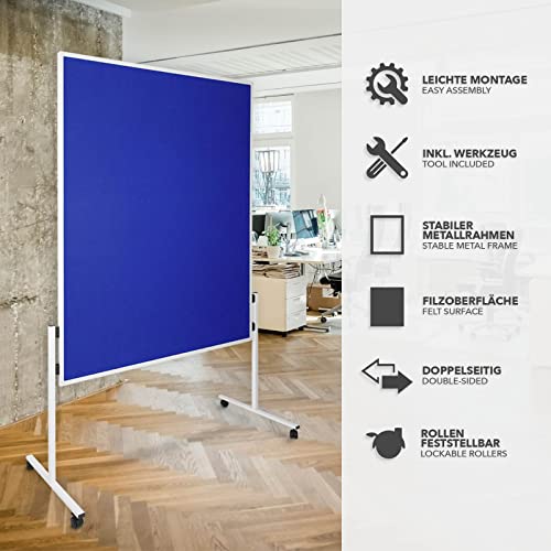 Floordirekt Filz Moderationstafel Metaplanwand mit feststellbaren Rollen | Filztafel Pinnwand | Moderationswand Doppelseitig nutzbar - Stabiler Metallrahmen (150 x 120 cm, Blau)
