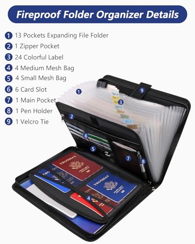 Dokumentenmappe a4, Feuerfeste dokumentenbox, Wasserfeste Dokumententasche mit 13 Fächern und mehreren Fächern für Büro, Hause, Schule, Dokumententasche mit Reißverschluss für Dokumente und Wertsachen
