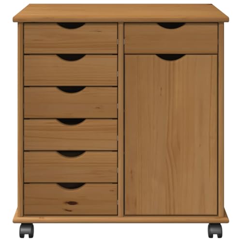 Rollschrank Honigbraun aus Massivholz Kiefer 63,5 x 39 x 65,5 cm mit 7 Schubladen und 1 Regal mobiler Aufbewahrungsschrank für Büro, Keller und Hauswirtschaft