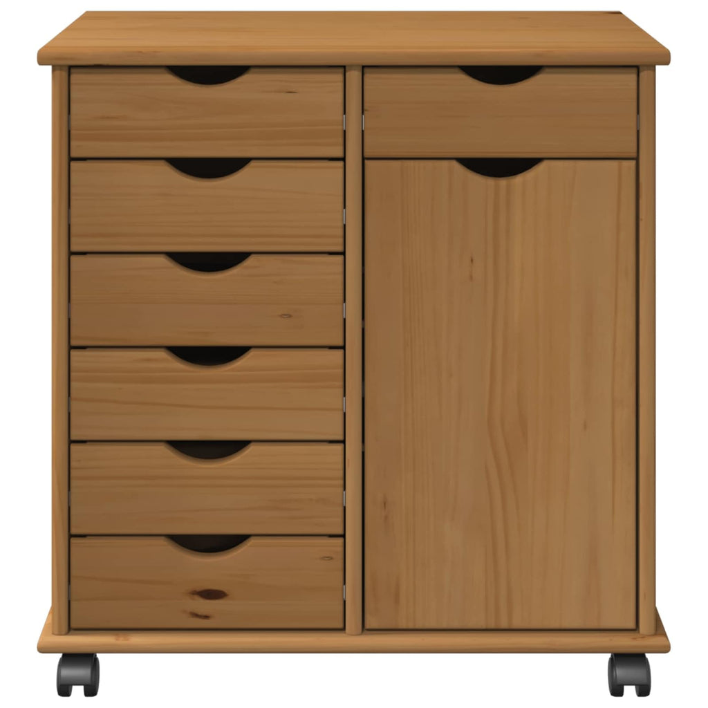Rollschrank Honigbraun aus Massivholz Kiefer 63,5 x 39 x 65,5 cm mit 7 Schubladen und 1 Regal mobiler Aufbewahrungsschrank für Büro, Keller und Hauswirtschaft