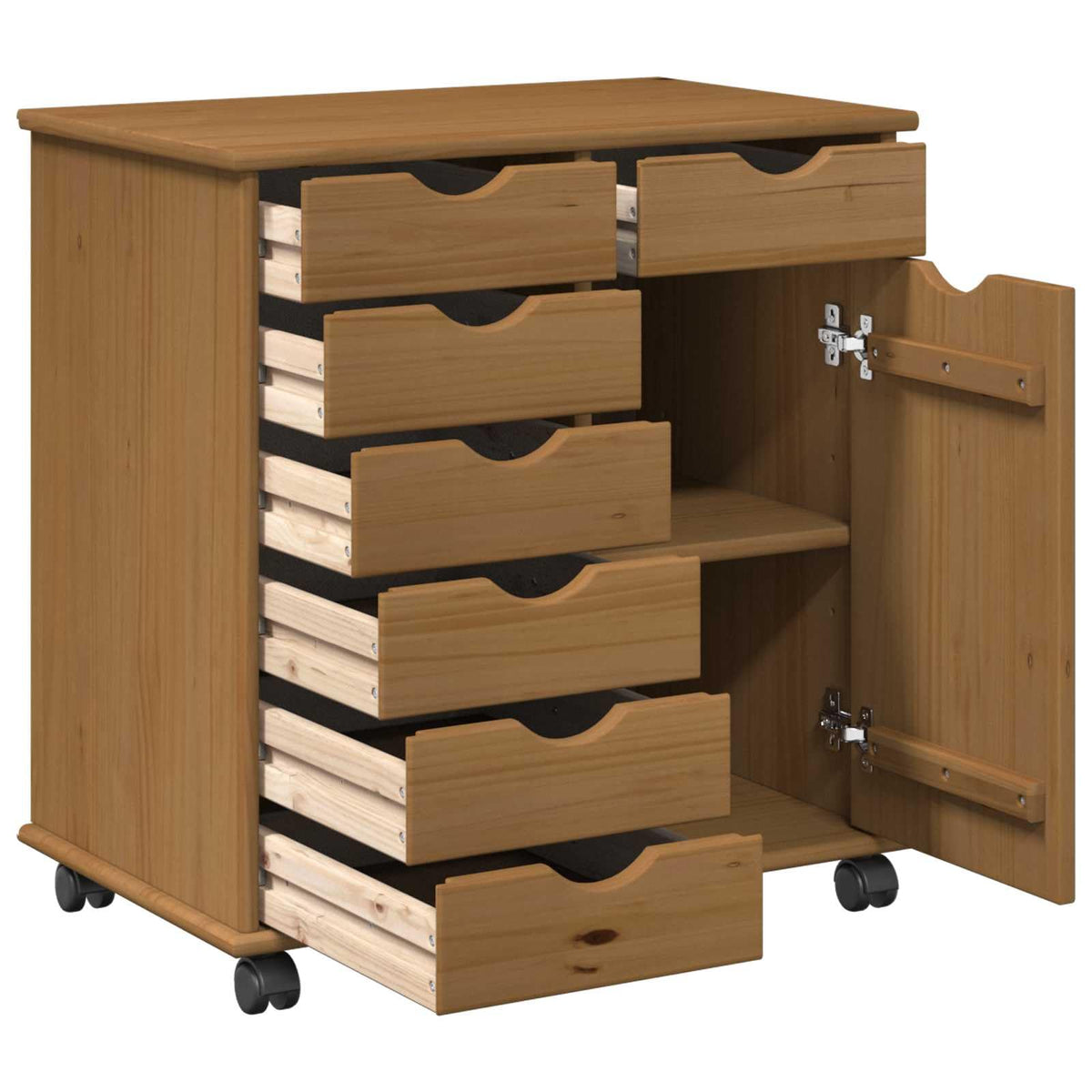 Rollschrank Honigbraun aus Massivholz Kiefer 63,5 x 39 x 65,5 cm mit 7 Schubladen und 1 Regal mobiler Aufbewahrungsschrank für Büro, Keller und Hauswirtschaft
