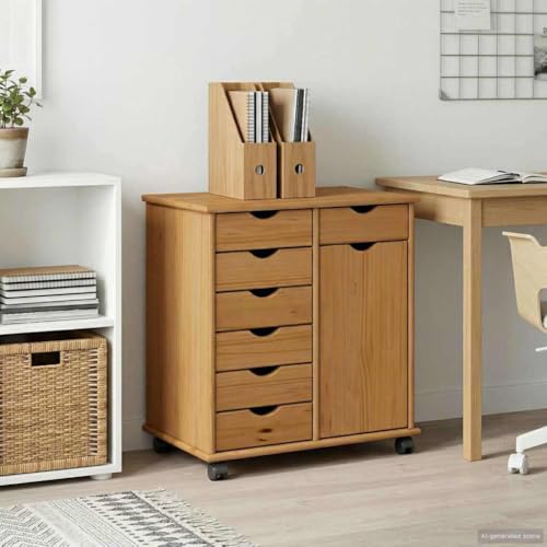 Rollschrank Honigbraun aus Massivholz Kiefer 63,5 x 39 x 65,5 cm mit 7 Schubladen und 1 Regal mobiler Aufbewahrungsschrank für Büro, Keller und Hauswirtschaft
