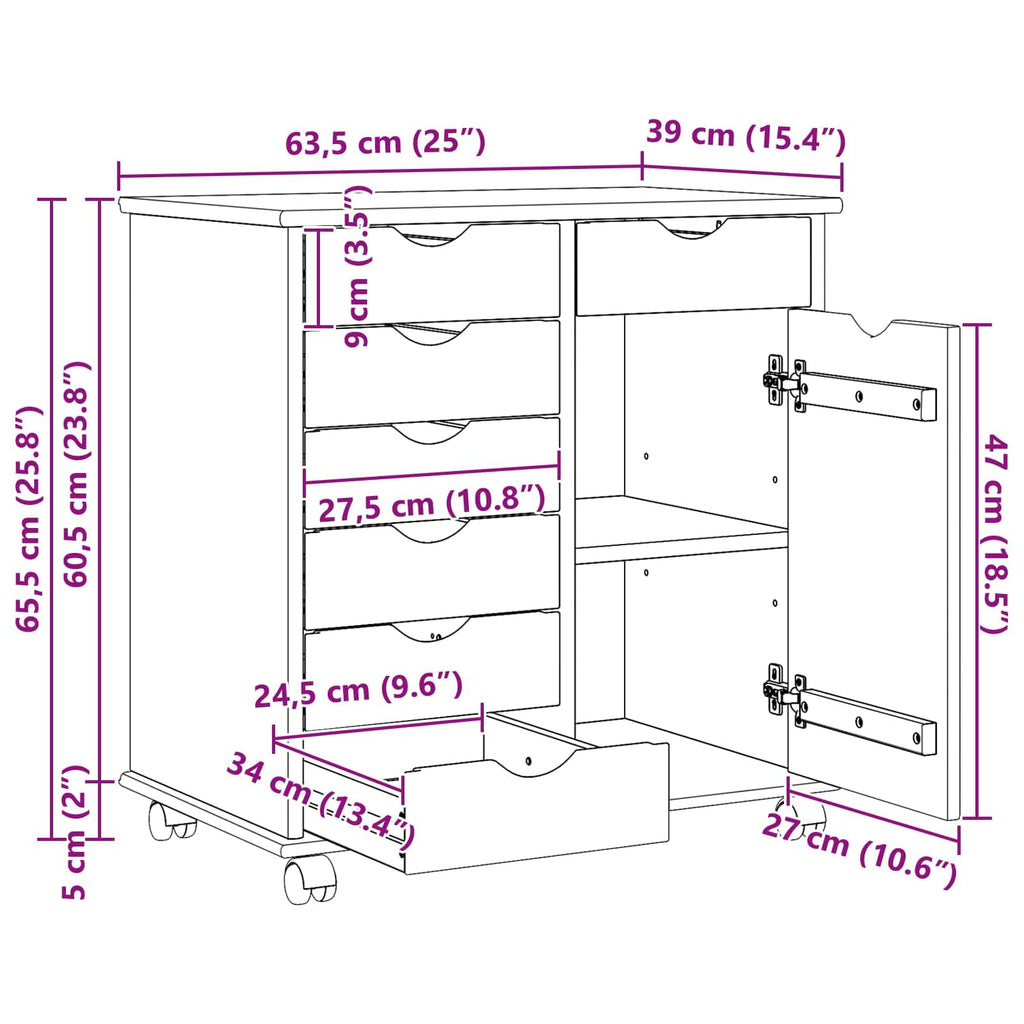 Rollschrank Honigbraun aus Massivholz Kiefer 63,5 x 39 x 65,5 cm mit 7 Schubladen und 1 Regal mobiler Aufbewahrungsschrank für Büro, Keller und Hauswirtschaft