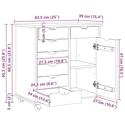 Rollschrank Honigbraun aus Massivholz Kiefer 63,5 x 39 x 65,5 cm mit 7 Schubladen und 1 Regal mobiler Aufbewahrungsschrank für Büro, Keller und Hauswirtschaft