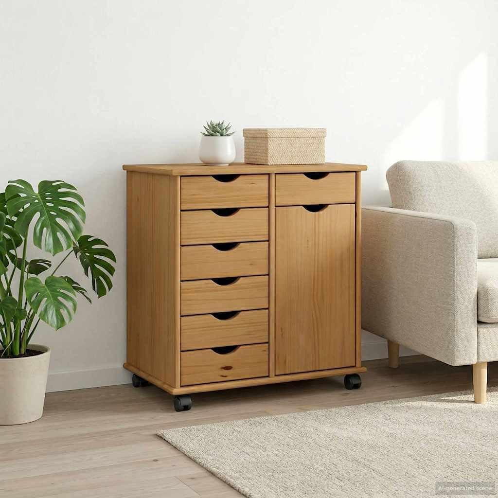 Rollschrank Honigbraun aus Massivholz Kiefer 63,5 x 39 x 65,5 cm mit 7 Schubladen und 1 Regal mobiler Aufbewahrungsschrank für Büro, Keller und Hauswirtschaft