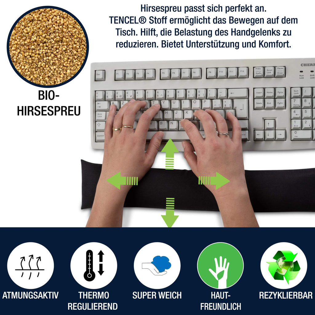 Handgelenkauflage für die Tastatur - ergonomische Handballenauflage aus Bio-Hirsespreu, Anti-Sehnenscheidenprobleme für Laptop & Computer, Wirst Rest in Schwarz