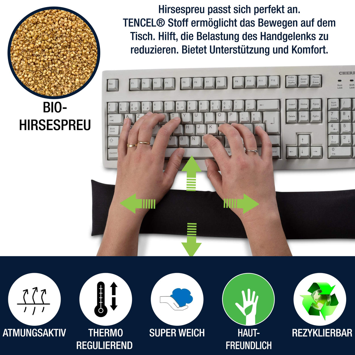 Handgelenkauflage für die Tastatur - ergonomische Handballenauflage aus Bio-Hirsespreu, Anti-Sehnenscheidenprobleme für Laptop & Computer, Wirst Rest in Schwarz