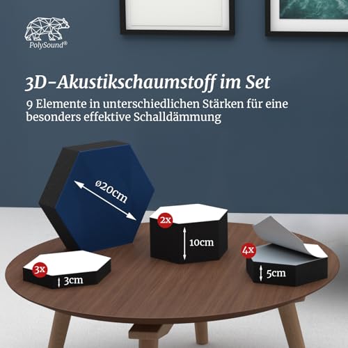 PolySound ECO Akustikpaneele - selbstklebendes 3D-Hexagon-Design - Schallschutz für Büro, Gaming & Wohnen - wiederverwendbar & rückstandslos entfernbar - 9er Set (3-10 cm) - Breezy Blue