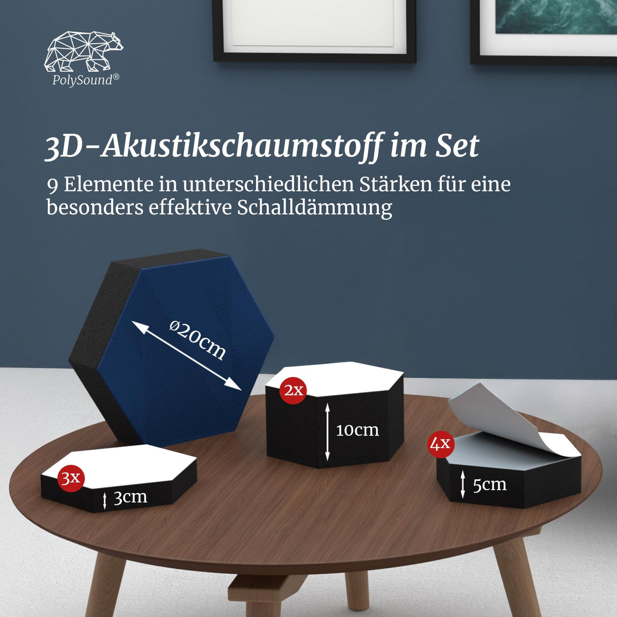 PolySound ECO Akustikpaneele - selbstklebendes 3D-Hexagon-Design - Schallschutz für Büro, Gaming & Wohnen - wiederverwendbar & rückstandslos entfernbar - 9er Set (3-10 cm) - Breezy Blue
