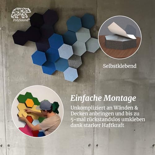 PolySound ECO Akustikpaneele - selbstklebendes 3D-Hexagon-Design - Schallschutz für Büro, Gaming & Wohnen - wiederverwendbar & rückstandslos entfernbar - 9er Set (3-10 cm) - Breezy Blue
