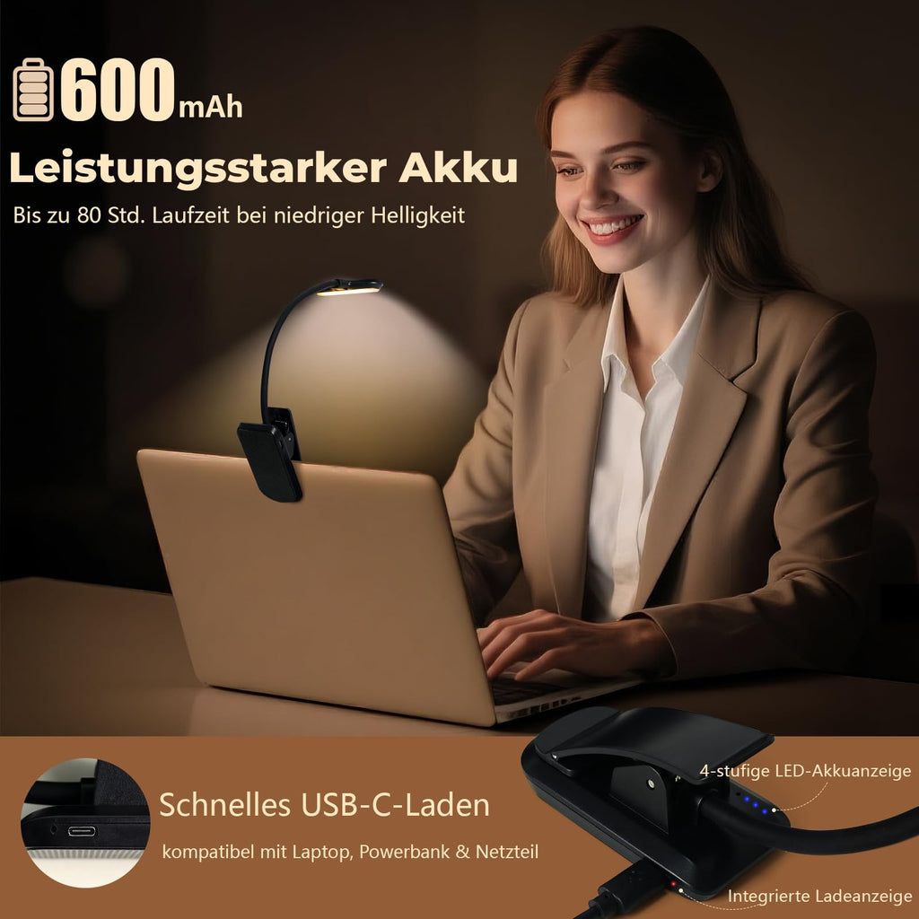 Nixtrve Leselampe Buch Klemme, LED Buchlampe Klemmleuchte, Stufenlos Dimmbar, 3 Farbtemperatur Modi, USB-C Wiederaufladbar, 360° Flexibel, Augenschonendes Leselicht Für Erwachsene & Kinder Im Bett