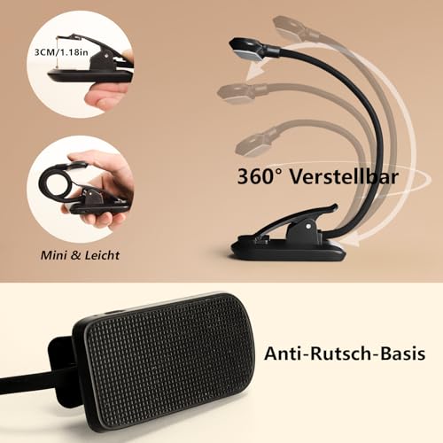 Nixtrve Leselampe Buch Klemme, LED Buchlampe Klemmleuchte, Stufenlos Dimmbar, 3 Farbtemperatur Modi, USB-C Wiederaufladbar, 360° Flexibel, Augenschonendes Leselicht Für Erwachsene & Kinder Im Bett
