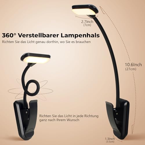 Nixtrve Leselampe Buch Klemme, LED Buchlampe Klemmleuchte, Stufenlos Dimmbar, 3 Farbtemperatur Modi, USB-C Wiederaufladbar, 360° Flexibel, Augenschonendes Leselicht Für Erwachsene & Kinder Im Bett