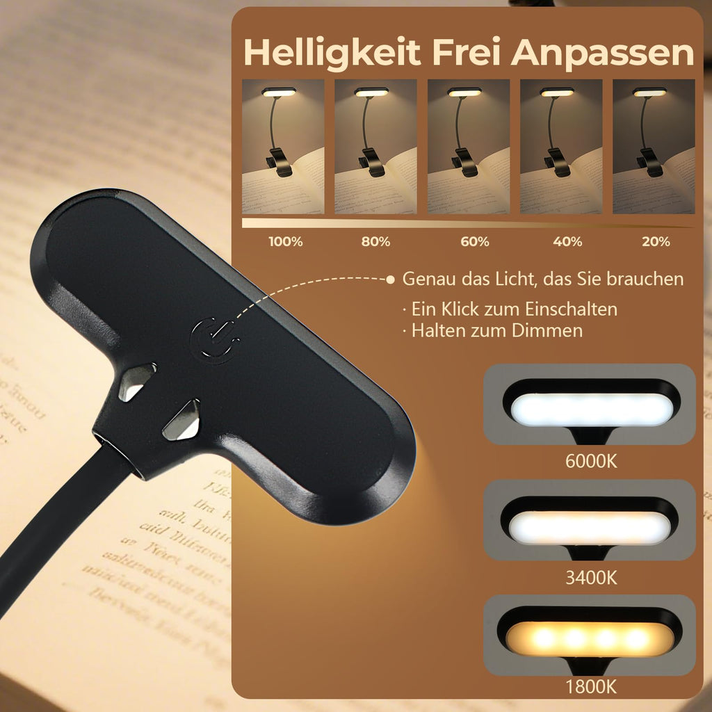 Nixtrve Leselampe Buch Klemme, LED Buchlampe Klemmleuchte, Stufenlos Dimmbar, 3 Farbtemperatur Modi, USB-C Wiederaufladbar, 360° Flexibel, Augenschonendes Leselicht Für Erwachsene & Kinder Im Bett