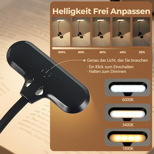 Nixtrve Leselampe Buch Klemme, LED Buchlampe Klemmleuchte, Stufenlos Dimmbar, 3 Farbtemperatur Modi, USB-C Wiederaufladbar, 360° Flexibel, Augenschonendes Leselicht Für Erwachsene & Kinder Im Bett