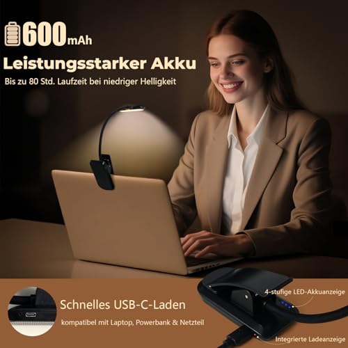 Nixtrve Leselampe Buch Klemme, LED Buchlampe Klemmleuchte, Stufenlos Dimmbar, 3 Farbtemperatur Modi, USB-C Wiederaufladbar, 360° Flexibel, Augenschonendes Leselicht Für Erwachsene & Kinder Im Bett