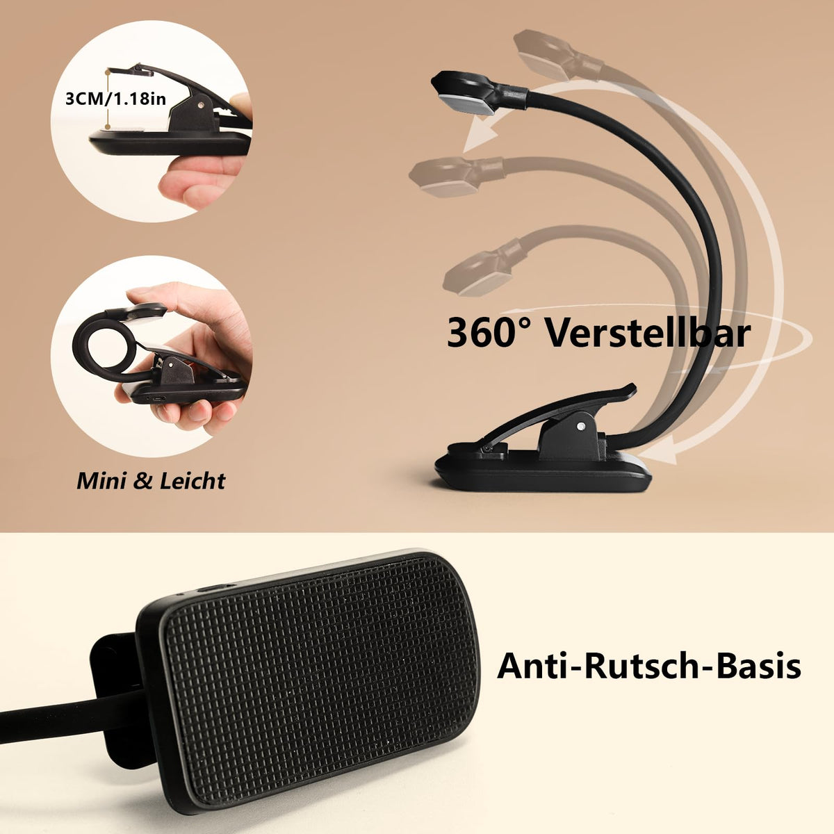 Nixtrve Leselampe Buch Klemme, LED Buchlampe Klemmleuchte, Stufenlos Dimmbar, 3 Farbtemperatur Modi, USB-C Wiederaufladbar, 360° Flexibel, Augenschonendes Leselicht Für Erwachsene & Kinder Im Bett