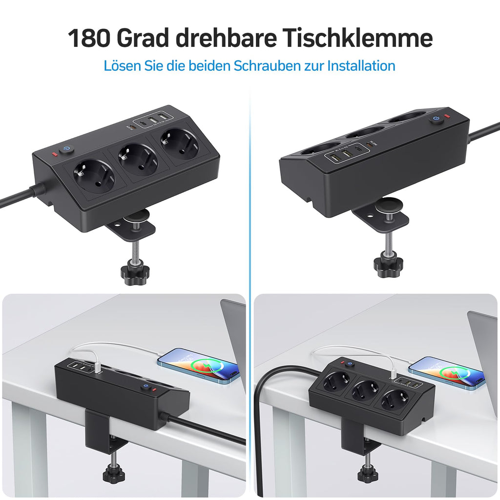 Tischsteckdose mit USB C PD 20W, 4000W/16A Steckdosenleiste Schreibtisch, STGAROT 3 Fach Mehrfachsteckdose 4 USB mit Schalter 2M Kabel, Überspannungsschutz Steckdose Tisch für Zuhause Büro, Schwarz