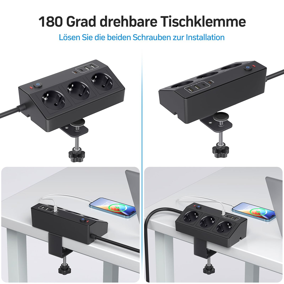 Tischsteckdose mit USB C PD 20W, 4000W/16A Steckdosenleiste Schreibtisch, STGAROT 3 Fach Mehrfachsteckdose 4 USB mit Schalter 2M Kabel, Überspannungsschutz Steckdose Tisch für Zuhause Büro, Schwarz