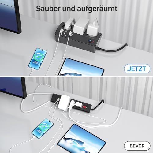 Tischsteckdose mit USB C PD 20W, 4000W/16A Steckdosenleiste Schreibtisch, STGAROT 3 Fach Mehrfachsteckdose 4 USB mit Schalter 2M Kabel, Überspannungsschutz Steckdose Tisch für Zuhause Büro, Schwarz