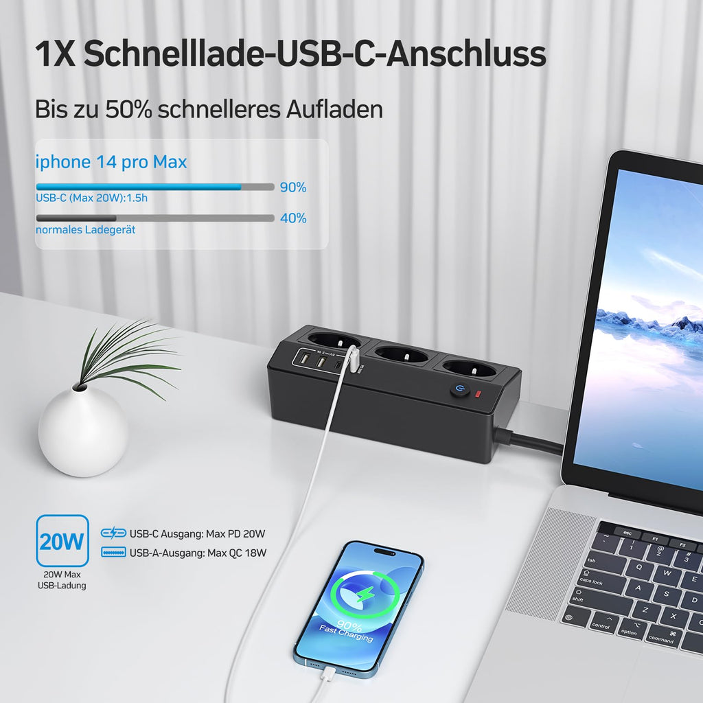 Tischsteckdose mit USB C PD 20W, 4000W/16A Steckdosenleiste Schreibtisch, STGAROT 3 Fach Mehrfachsteckdose 4 USB mit Schalter 2M Kabel, Überspannungsschutz Steckdose Tisch für Zuhause Büro, Schwarz