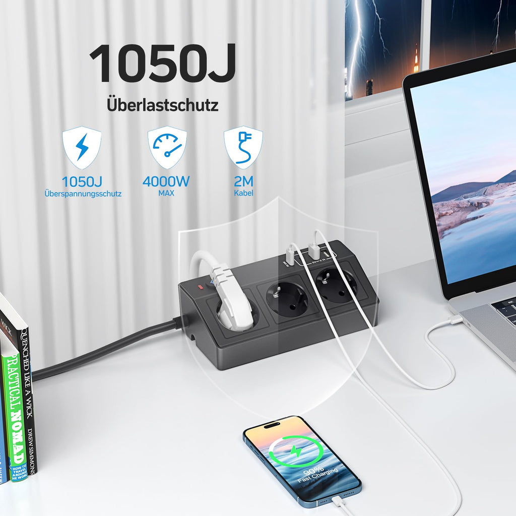Tischsteckdose mit USB C PD 20W, 4000W/16A Steckdosenleiste Schreibtisch, STGAROT 3 Fach Mehrfachsteckdose 4 USB mit Schalter 2M Kabel, Überspannungsschutz Steckdose Tisch für Zuhause Büro, Schwarz