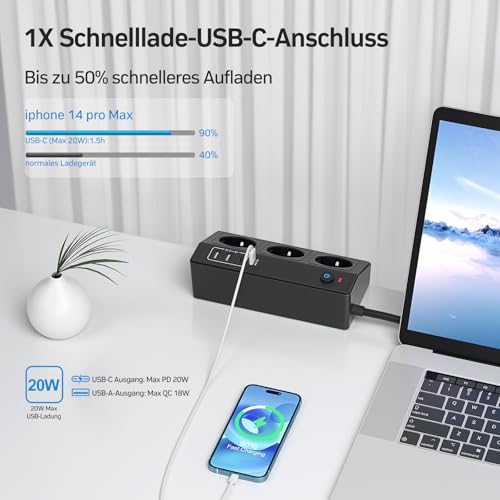 Tischsteckdose mit USB C PD 20W, 4000W/16A Steckdosenleiste Schreibtisch, STGAROT 3 Fach Mehrfachsteckdose 4 USB mit Schalter 2M Kabel, Überspannungsschutz Steckdose Tisch für Zuhause Büro, Schwarz