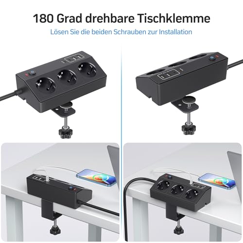 Tischsteckdose mit USB C PD 20W, 4000W/16A Steckdosenleiste Schreibtisch, STGAROT 3 Fach Mehrfachsteckdose 4 USB mit Schalter 2M Kabel, Überspannungsschutz Steckdose Tisch für Zuhause Büro, Schwarz