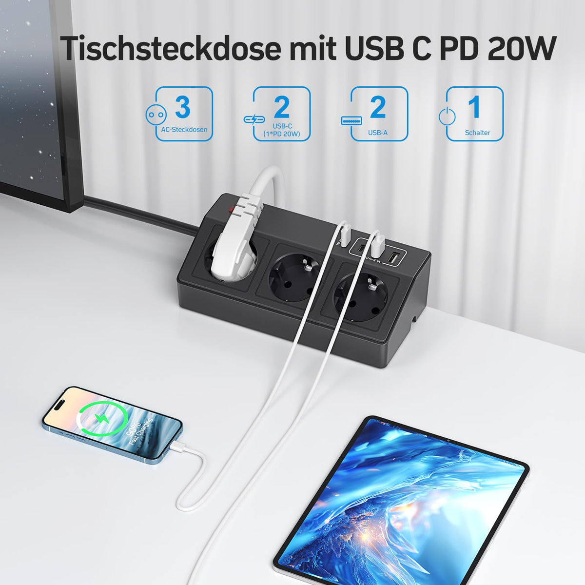 Tischsteckdose mit USB C PD 20W, 4000W/16A Steckdosenleiste Schreibtisch, STGAROT 3 Fach Mehrfachsteckdose 4 USB mit Schalter 2M Kabel, Überspannungsschutz Steckdose Tisch für Zuhause Büro, Schwarz