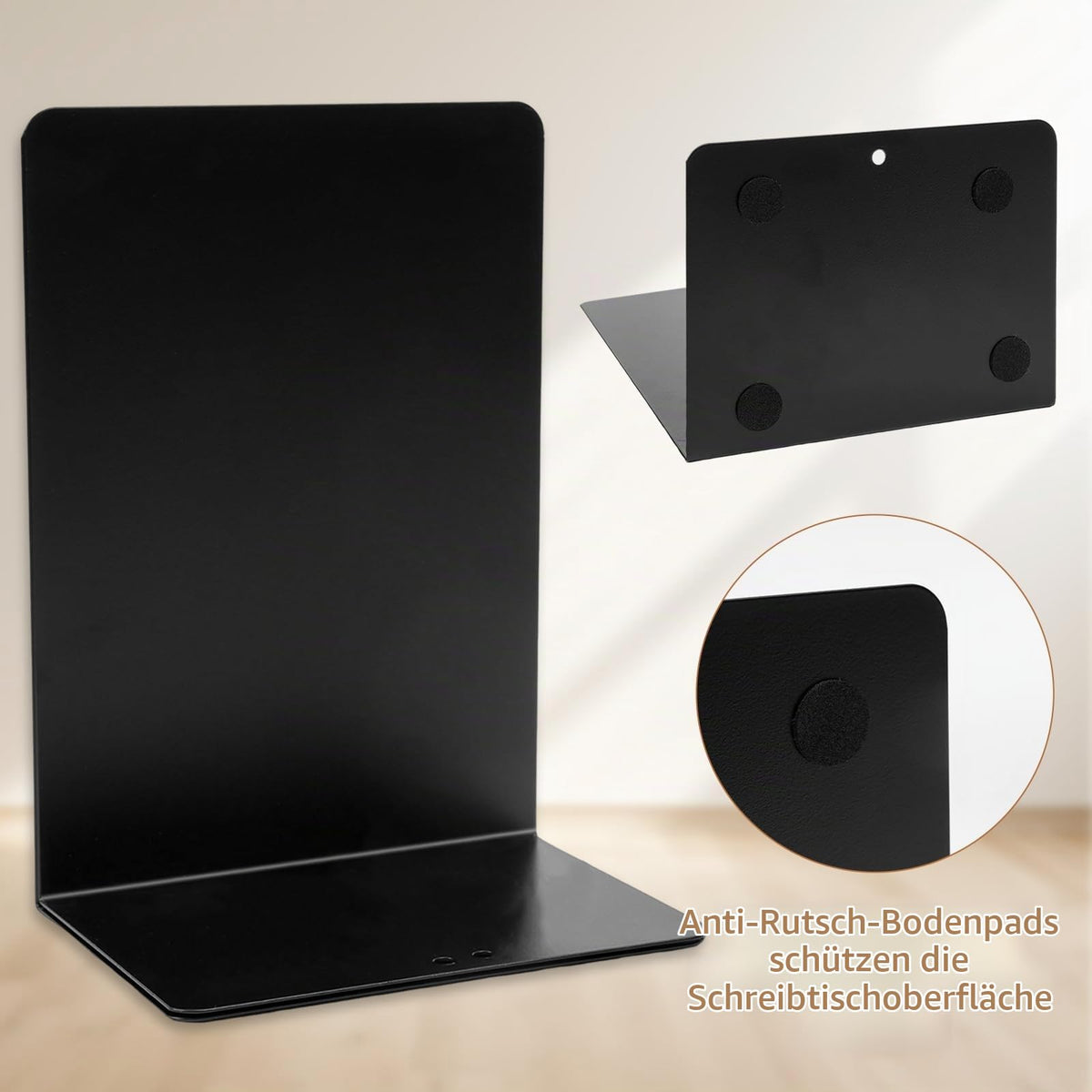 6 Stück Buchstütze aus Metall, Buchhalter Regal mit Rutschfester Matte