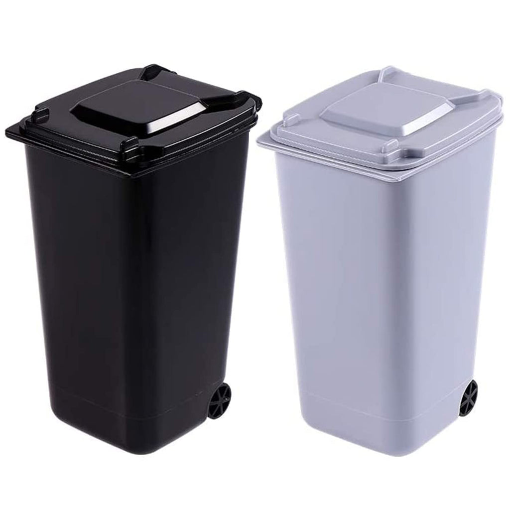 2 Stück Mini Plastik Tisch Mülltonne mit Schwingdeckel und Räder, Mini Abfalleimer Tischabfalleimer Desktop Mülleimer, Schreibtisch Organizer für Büro Frisiertisch Schlafzimmer Artikel