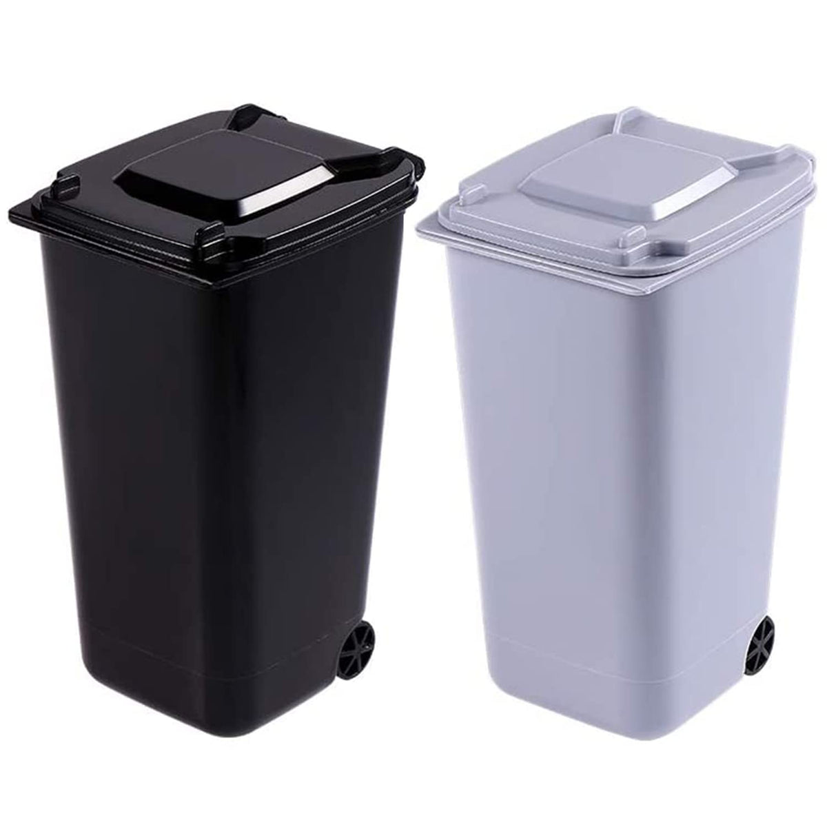 2 Stück Mini Plastik Tisch Mülltonne mit Schwingdeckel und Räder, Mini Abfalleimer Tischabfalleimer Desktop Mülleimer, Schreibtisch Organizer für Büro Frisiertisch Schlafzimmer Artikel
