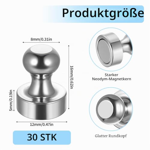 30 Stück Magnete für Magnettafel, Kleine Neodym Magnete Extra Stark, kühlschrankmagnete für Whiteboard Pinnwand Notenmagnete Home Büro Magnet Extra Stark(12 x 16mm)