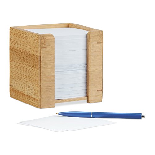 Relaxdays Zettelbox Bambus, Zettelkasten Holz, Notizzettel Halter, 900 Blatt, Zettelbox einzeln, H x B x T: 10,5 x 10,5 x 10,5 cm, natur