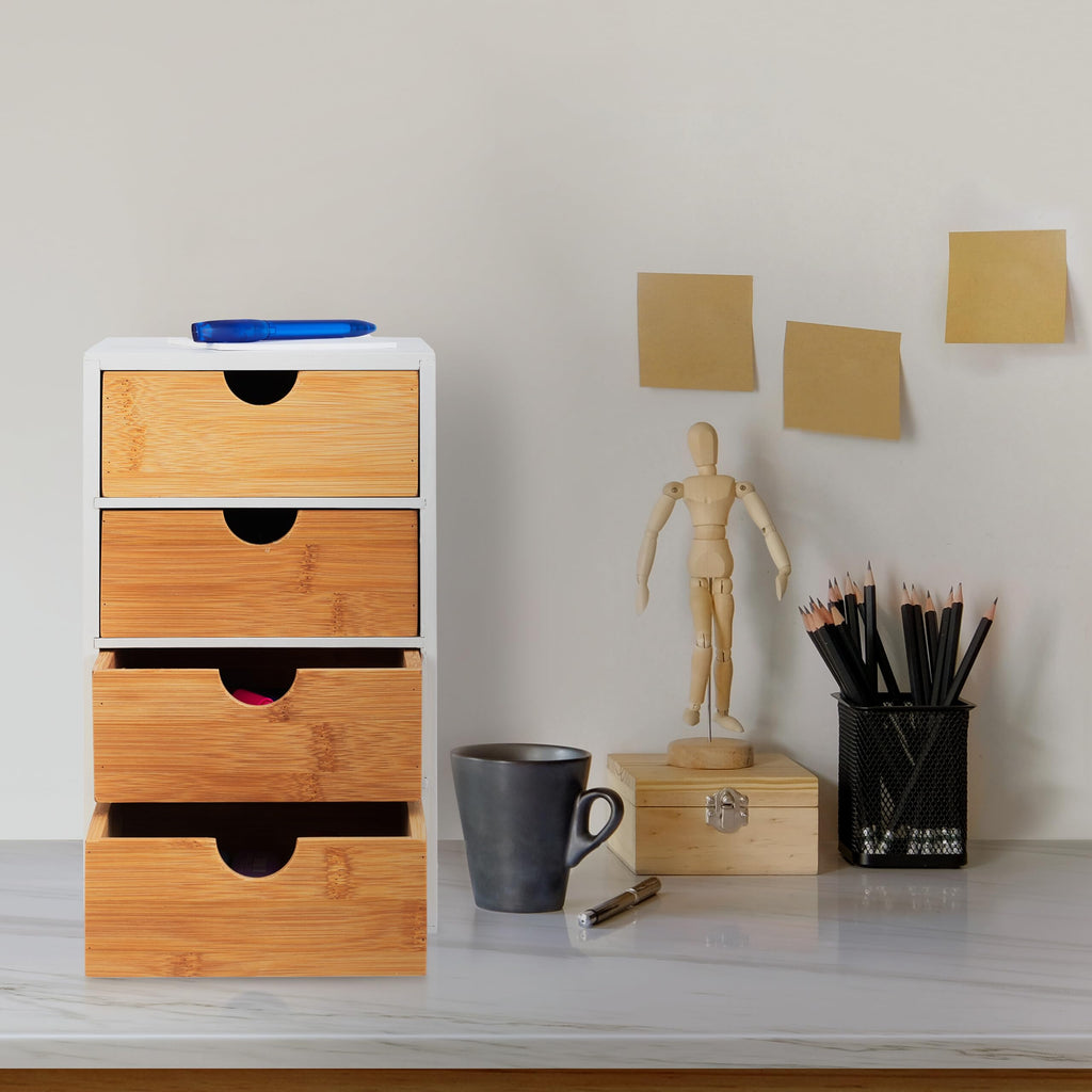 Relaxdays Schubladenbox, Bambus, 4 Schubladen, HxBxT: 27,5 x 16,5 x 21 cm, Schreibtisch Organizer, Büro, Natur/weiß
