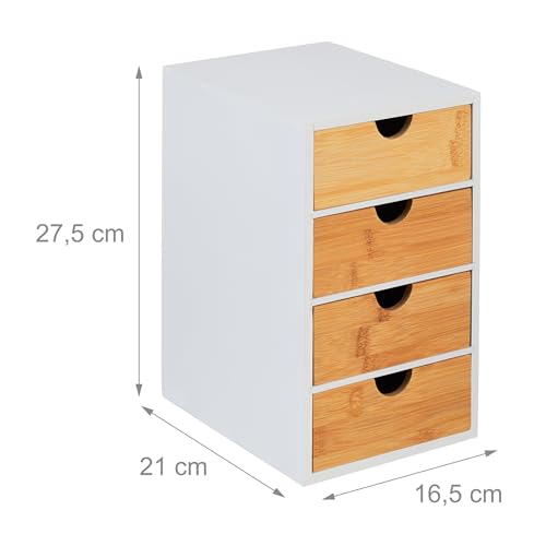 Relaxdays Schubladenbox, Bambus, 4 Schubladen, HxBxT: 27,5 x 16,5 x 21 cm, Schreibtisch Organizer, Büro, Natur/weiß