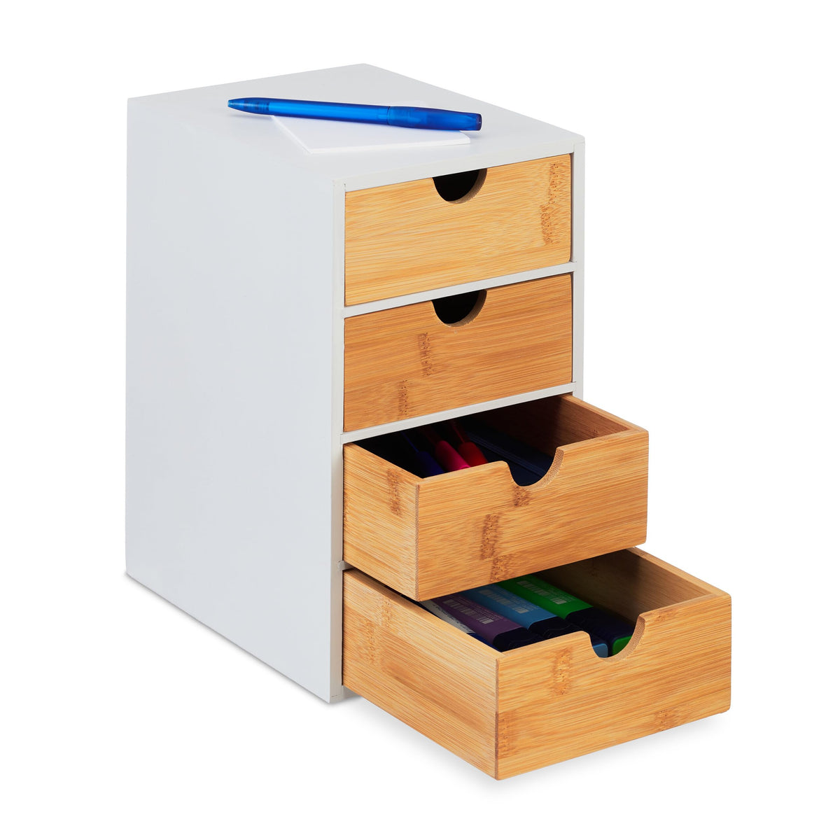 Relaxdays Schubladenbox, Bambus, 4 Schubladen, HxBxT: 27,5 x 16,5 x 21 cm, Schreibtisch Organizer, Büro, Natur/weiß