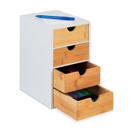 Relaxdays Schubladenbox, Bambus, 4 Schubladen, HxBxT: 27,5 x 16,5 x 21 cm, Schreibtisch Organizer, Büro, Natur/weiß