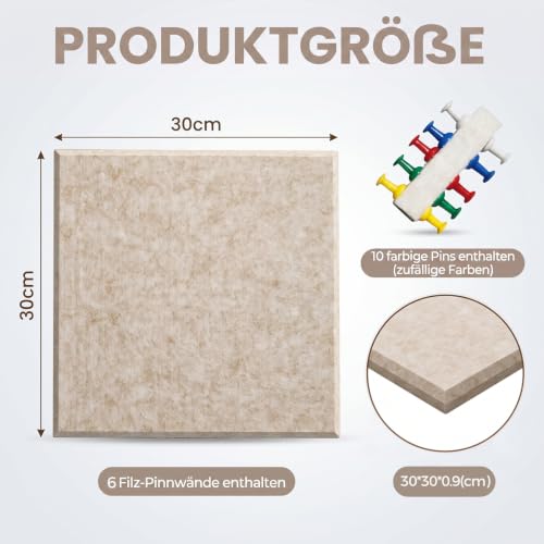Filz Pinnwand Selbstklebend, 6 Stück 30 x 30 cm, Beige