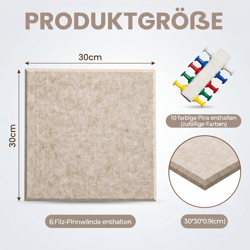 Filz Pinnwand Selbstklebend, 6 Stück 30 x 30 cm, Beige