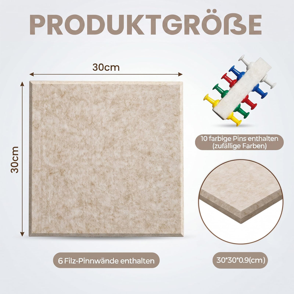 Filz Pinnwand Selbstklebend, 6 Stück 30 x 30 cm, Beige